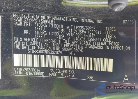 2013 Toyota Sienna Le V6 8 Passenger z USA, uszkodzony, nr VIN 5TDKK3DC3DS392029